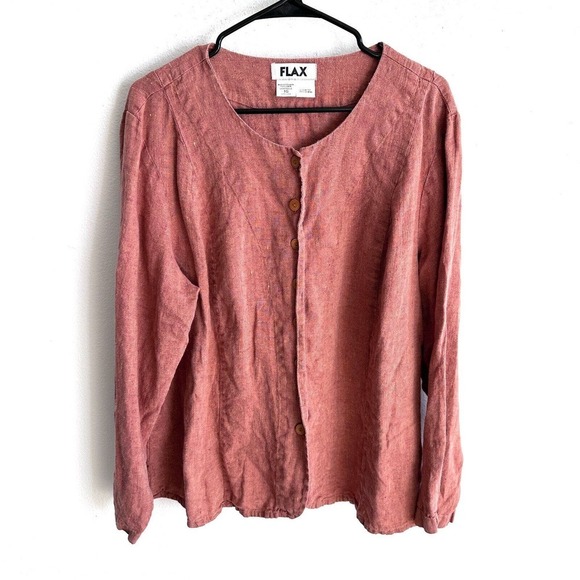 Flax Tops - Flax Womens Top 1G Pink/orange Linen Lagenlook Button Up Shirt Relaxed